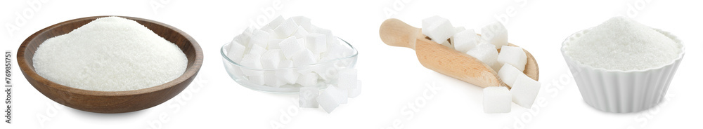 Sugar (granulated and cubes) isolated on white, set Sugar (granulated and cubes) isolated on white, set