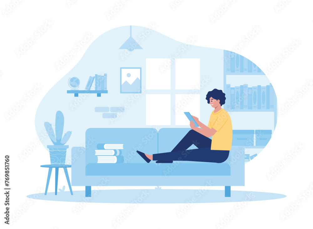 Living room interior woman sitting relaxing and studying concept flat illustration Living room interior woman sitting relaxing and studying concept flat illustration