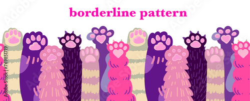   cat’s paws border doodle illustration, hand drawn cat’s paw’s seamless banner png with cat dog footprints on transparent background. Doodle elements. Paw print icon, diary and notebook stickers © Bbl_gun