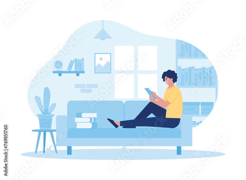 Living room interior woman sitting relaxing and studying concept flat illustration