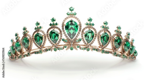 queen crown with royal green emeralds on white background