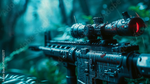 M16 rifle in a rainy jungle with blood splatters and a sniper scope. 