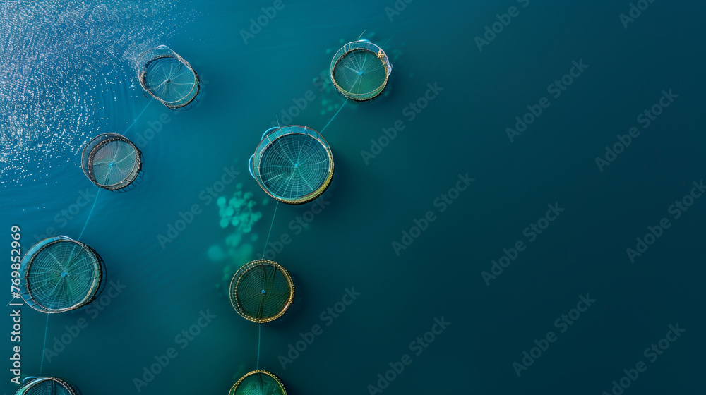 Aerial view of a fish farm in the open sea, the circular fish pens against the deep blue water, scale and sustainability of aquaculture. Drone shot. Copy space for text