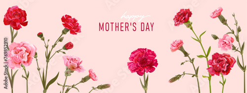 Rectangular card for Mother's Day. Panoramic frame with red, pink, white carnation flowers on pink background. Template with massage for mother greeting. Realistic illustration in watercolor style
