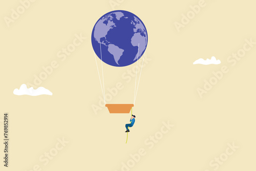 Businessman climb up with world map. concept of success, target and opportunity