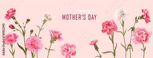 Rectangular card for Mother's Day. Panoramic frame with pink, white carnation flowers on pink background. Template with massage for mother greeting. Realistic illustration in watercolor style, vector