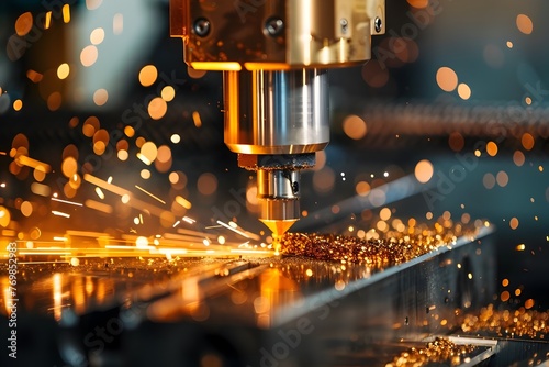 High-Speed CNC Machine Crafting Metal Parts with Precision in an Industrial Workshop,Featuring Dynamic Motion Blur and Warm Golden Aesthetic