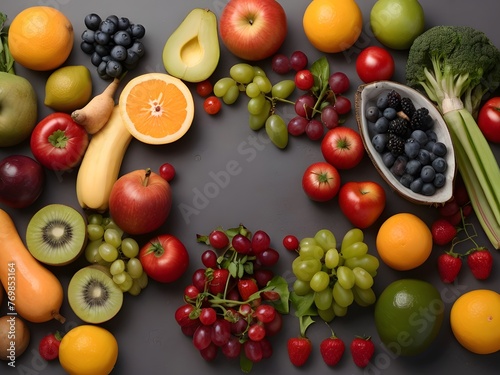 A colorful mix of fresh fruits and vegetables  including apples  oranges  grapes  and tomatoes