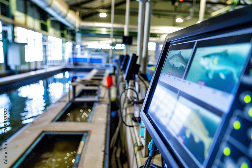 Monitoring system tech on a fish farm, screens with data and cameras overseeing the fish pens, technology used in modern aquaculture. Copy space for text