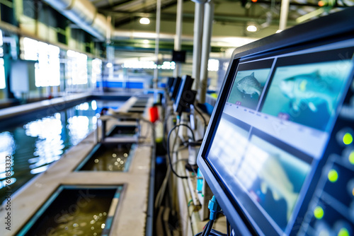 Monitoring system tech on a fish farm, screens with data and cameras overseeing the fish pens, technology used in modern aquaculture. Copy space for text photo