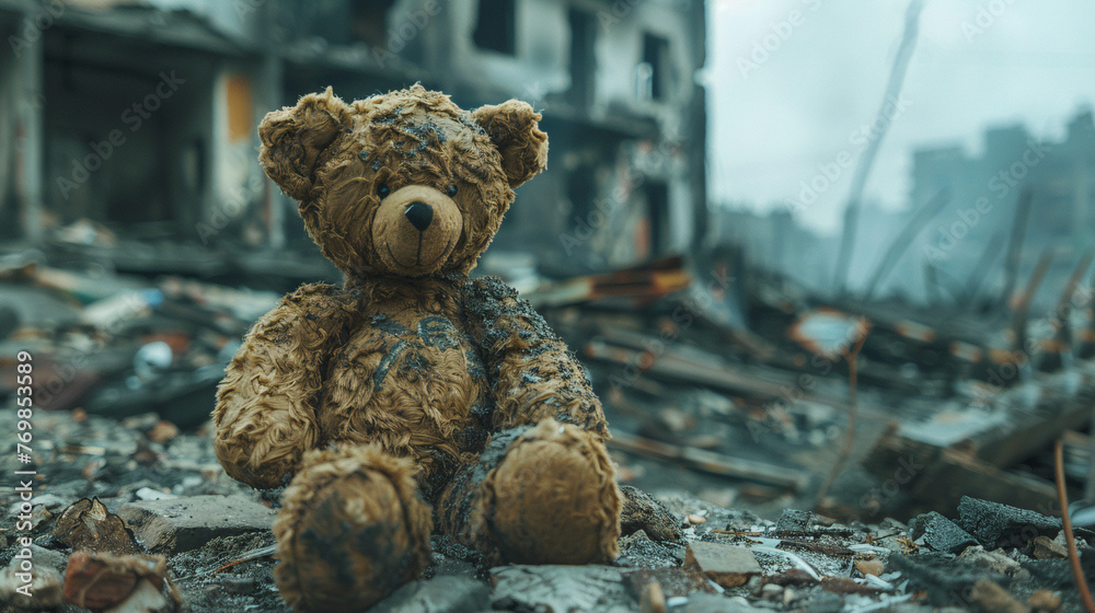 A teddy bear toy over the city burned in the aftermath of war conflict A teddy bear toy over the city burned in the aftermath of war conflict