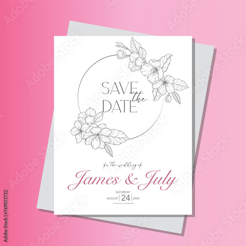 Line Art Cherry Blossom Wedding Invitation template  Outline Sakura Minimalist Wedding Stationery