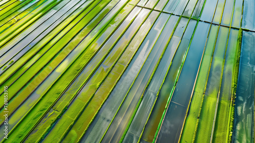  Vast open air algae farm under the bright sun, rows of shallow raceway ponds glistening in the light, sustainable farming practice, drone shot. Copy space for text photo