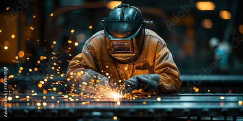 welder is welding metal , industry them bokeh and sparkle background, Generative Ai 
