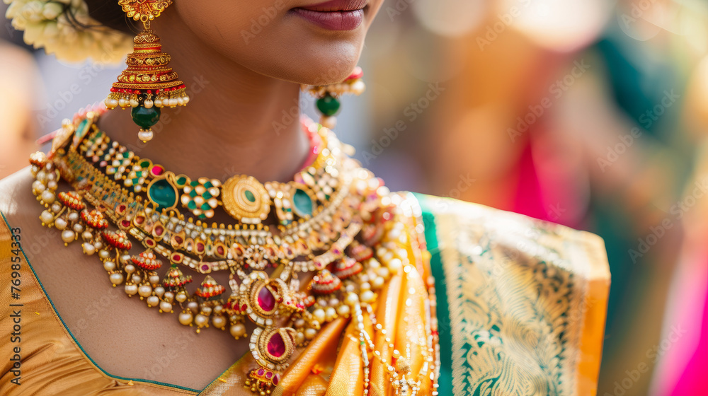 A close-up capture showcasing intricate details and rich colors of traditional Indian bridal jewelry worn by a woman