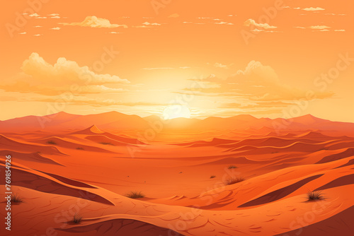 Desert sandy landscape. Sunny day in dunes during sunset, hot desert barren land flat minimalistic style. Cartoon illustration