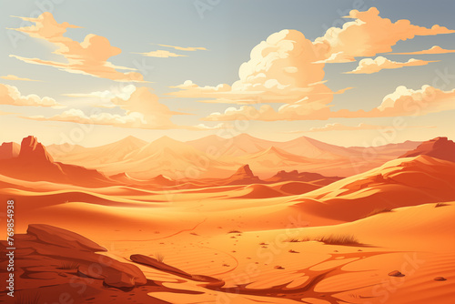 Cartoon desert sandy landscape. Summer heat in dunes  sunset sunrise in hot desert barren land flat style. Flat illustration