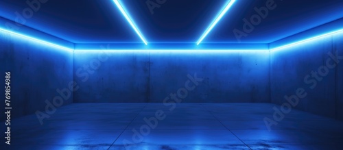 An empty space illuminated by azure automotive lighting, creating a visual spectacle with symmetrical patterns and electric blue hues, enhanced by lens flare effects