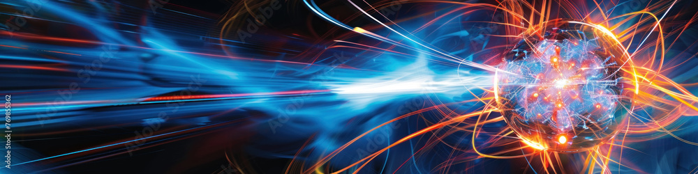 Obraz premium A vibrant simulation of subatomic particle collision demonstrating energy release