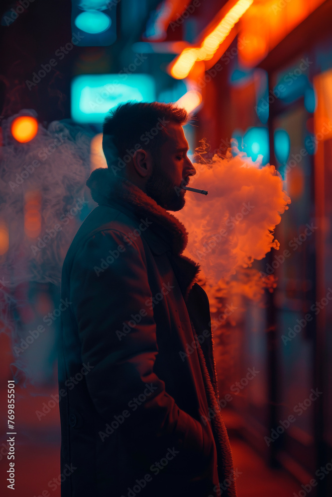 A man smokes a cigarette on the street of a city at night
