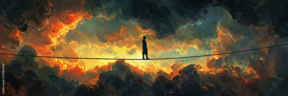 A man stands confidently on a tightrope suspended in the middle of a cloudy sky, showcasing impressive balance and nerve - obrazy, fototapety, plakaty 