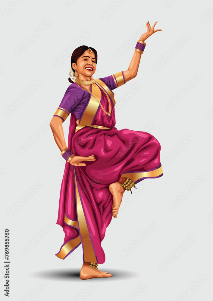 Maharashtrian woman doing lavani dancing from Maharashtra of India. abstract vector illustration - obrazy, fototapety, plakaty 