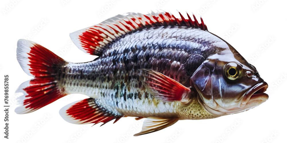 Tilapia fish with red fins isolated from white