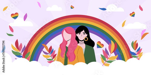 lgbt pride community banner, girls with a rainbow. Vector graphics.