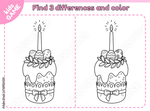 Easter kids game Find the 3 differences with cartoon Easter cake with painted eggs, candle. Spot the differences. Educational puzzle for children. Traditional spring holiday cupcake. Vector outline.