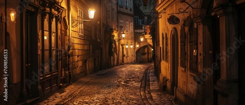 The old quarter's narrow streets, illuminated by the soft golden light of lanterns, evoke a sense of history and mystery under the night sky.