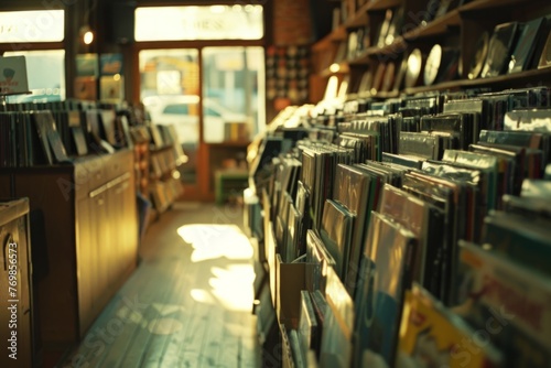 A vintage record store with rows of vinyl records, capturing the nostalgic ambiance and music atmosphere Generative AI © SKIMP Art