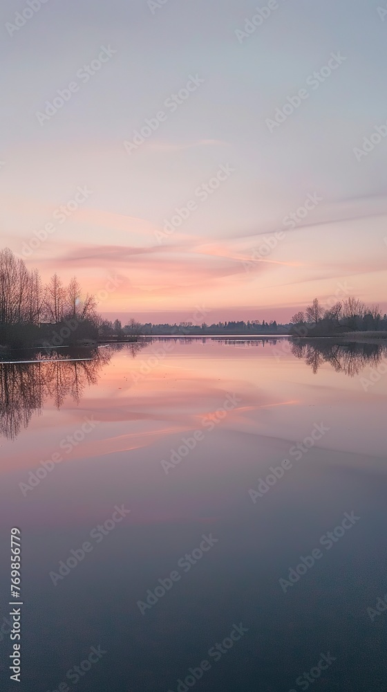 Pastel sunrise over a calm lake, wide angle, peaceful, watercolor delicacy