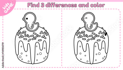 Kids game Find the 3 differences with cartoon Easter cake. Spot the differences. Educational riddle for children. Traditional holiday baking with gingerbread chick, painted eggs. Vector outline design