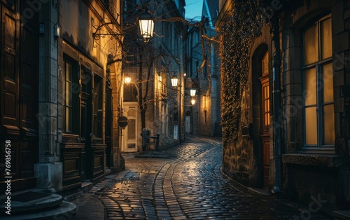 Timeless architecture and cobblestones are draped in dusk s embrace  with lanterns guiding the way through this tranquil urban escape.