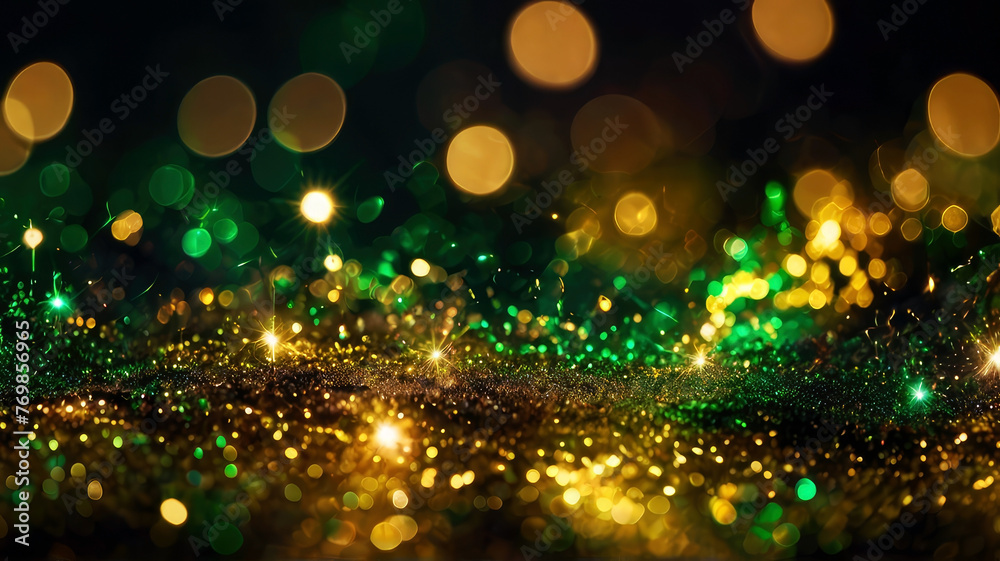 Golden and green light shine particles bokeh on navy black background. 