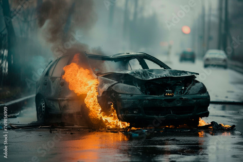 Burning cars after an accident on the road