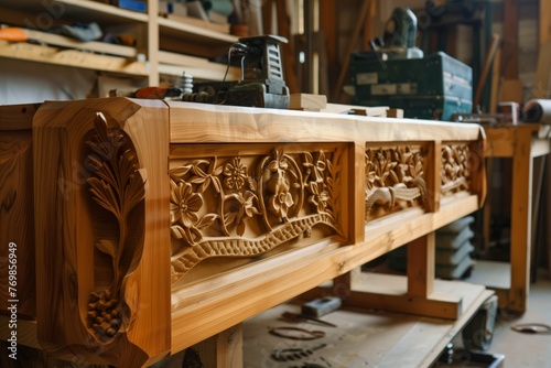 wooden sideboard with carvings in progress on workshop table