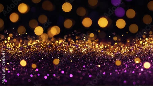 Golden and purple light shine particles bokeh on navy black background. 
