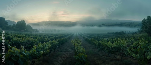 A panoramic view of a vineyard at sunrise, with mist rolling over the fields and the warm glow of dawn beginning to emerge.