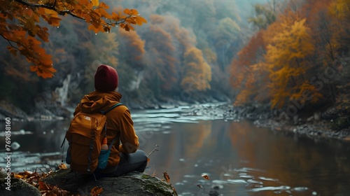Solitary Hiker Embracing the Tranquil Beauty of an Autumnal Forest Stream © Mickey