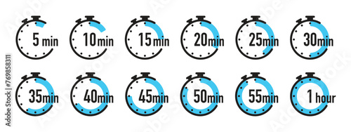 A set of isolated timer icons. Stopwatch, clock, timer for five, ten, fifteen minutes, and so on.