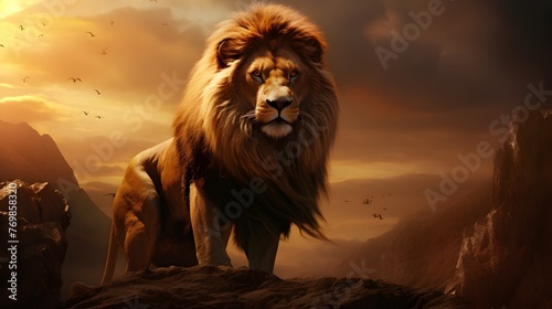 Majestic Lion Overlooking Rugged Cliffs and Sunset Sky in Awe-Inspiring Wilderness