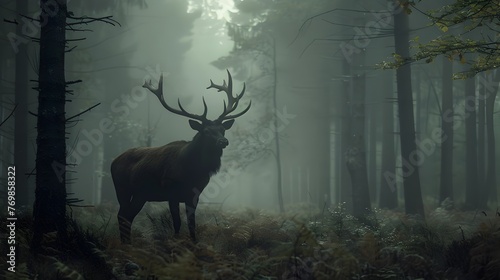 Majestic Stag Amid the Misty,Enchanted Forest Landscape