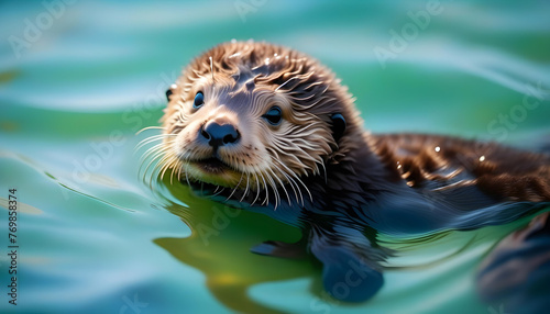 A baby sea otter swimming in water with rays of sunlight shining through © Iqra