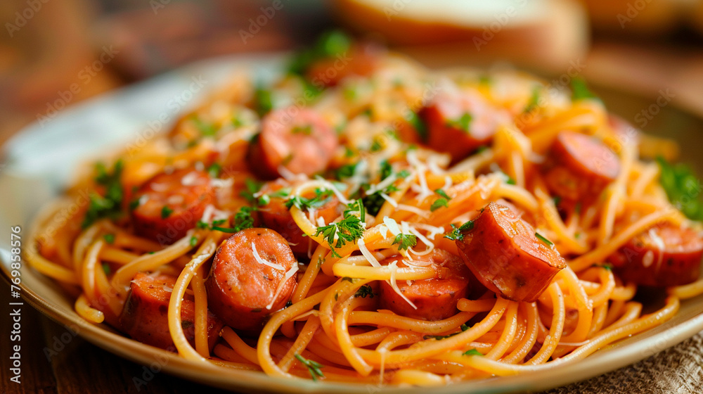 spaghetti with sausages on a plate. selective focus. spaghetti with sausages on a plate. selective focus.