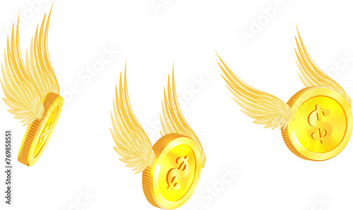 3d flying golden coin with golden angel wings soaring in the sky.