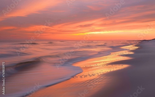 The beach comes alive with a stunning cloudscape, as the sun dips below the horizon, painting the sky with shades of pink and orange.