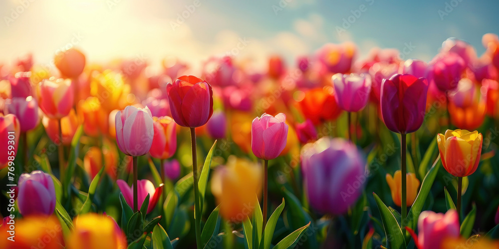 Vibrant Field of Colorful Tulips with Sun in the Background on a Sunny Day for Advertising Photography