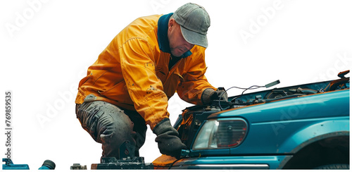 Man Working on Car Hood. Transparent Background PNG