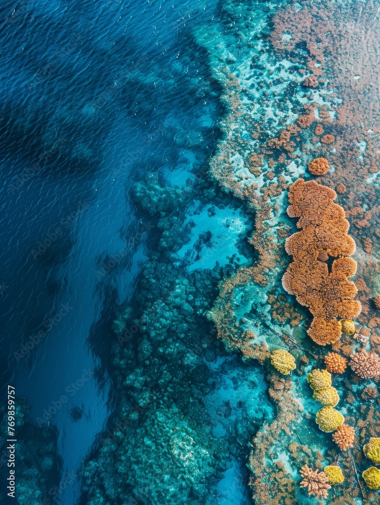 From the sky, the ocean's surface opens to a textured seabed, revealing a patchwork of coral and marine topography in a dance with light and shadow.